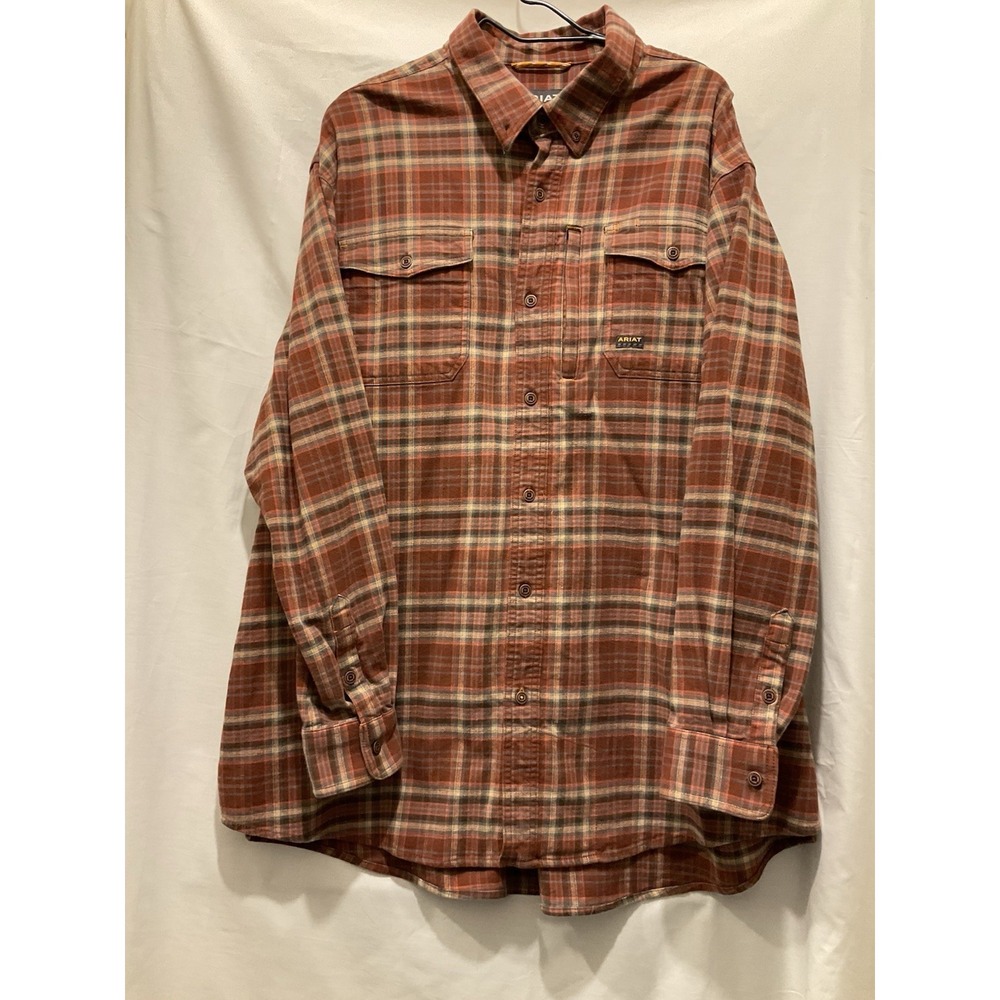 Ariat Rebar Flannel Shirt‎ Mens XXL Red Plaid Button Up 100% Cotton Heavyweight